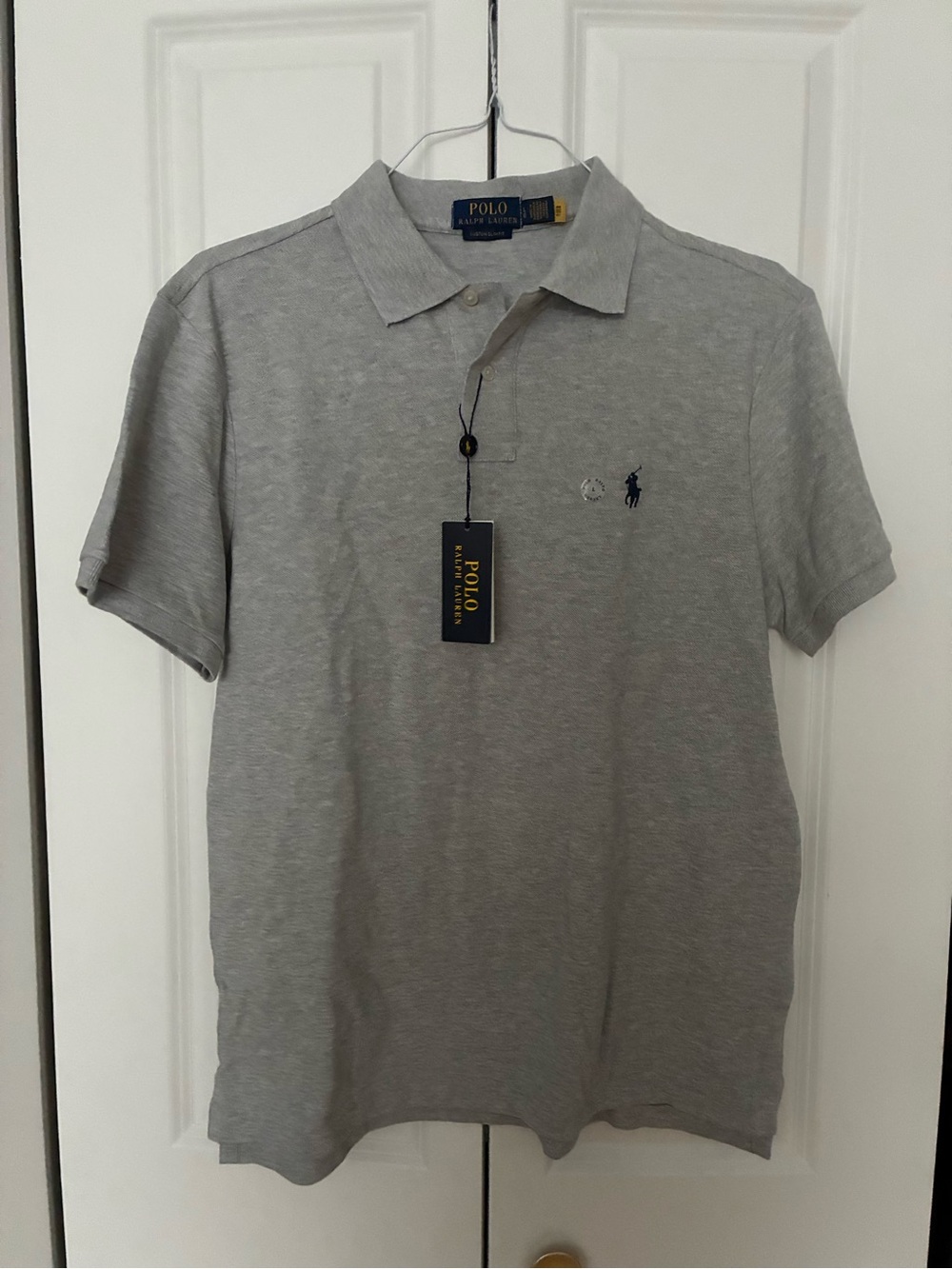 🌟Polo•Ralph Lauren• Light Gray Polo Shirt with Navy Logo•Sz L